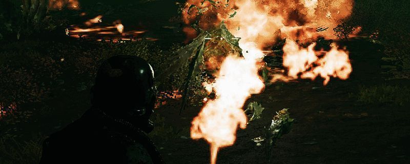 游戏内角色手持火焰喷射器进行战斗的画面，背景可见大量敌人被火焰包围