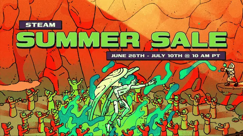 Steam春季特卖宣传图，背景中展示多个即将参与促销的游戏封面