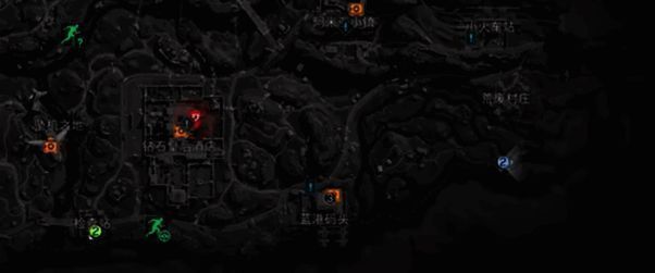 长弓溪谷地图中标注撤离点位置，蓝色箭头指示密码门入口