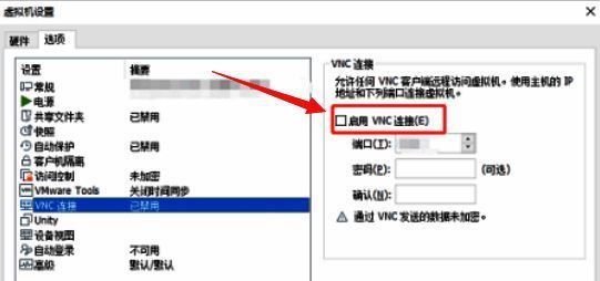 启用VNC连接选项已被勾选，界面下方显示可用配置区域