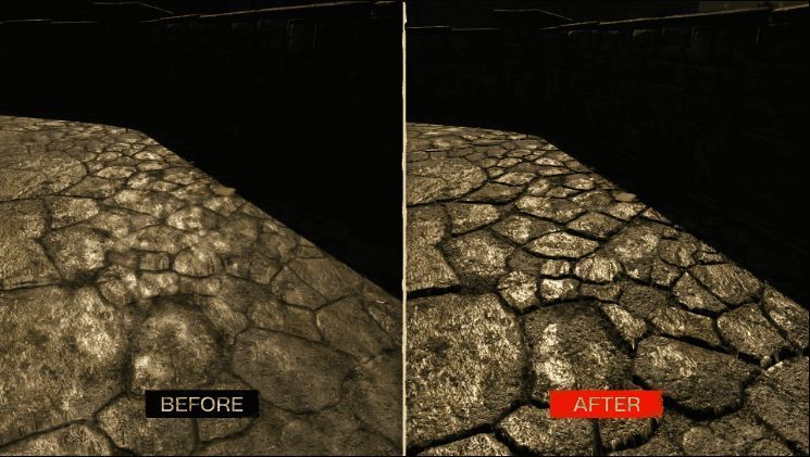 游戏内木质墙面纹理升级前后对比图