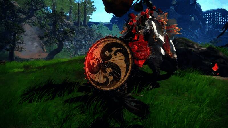 《狂野之心S》游戏截图，展示角色手持伞刃与巨型怪兽对战场景