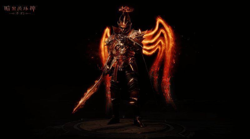 角色身穿金色火焰战袍，在战场中释放技能，周围火焰特效环绕