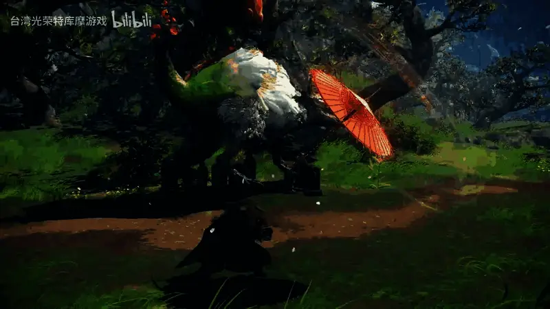 角色灵活闪避野兽攻击，伞刃格挡动作流畅自然