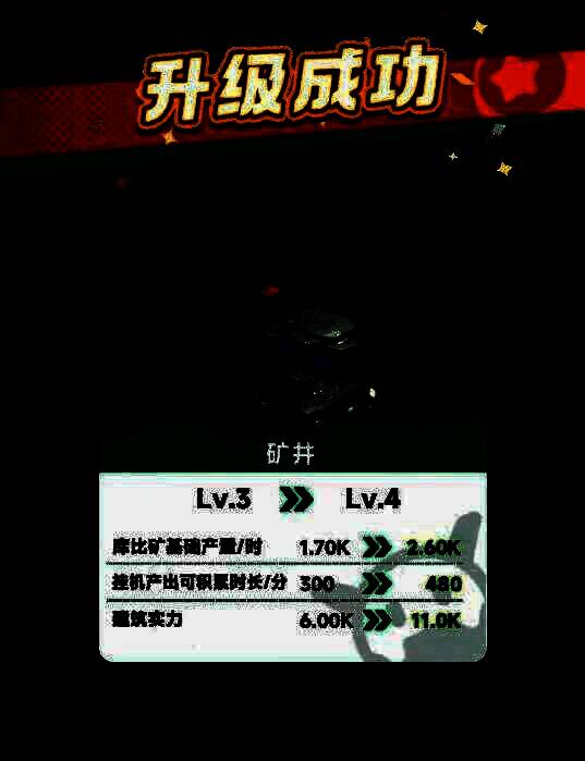 矿井升级界面与资源管理面板，展示矿石产量提升路径