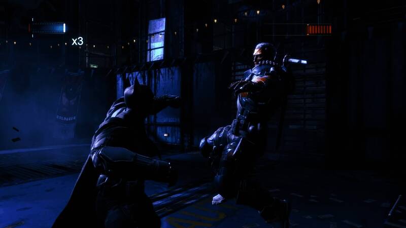 蝙蝠车在哥谭街道高速行驶，车身反射着霓虹灯光，背景是高大的摩天大楼