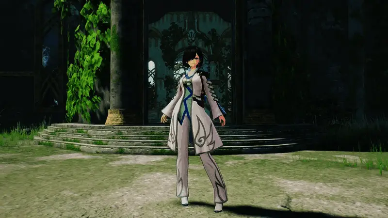 优米雅身着艾斯贝尔风格服装，手持炼金瓶站在森林中，背景光影交错