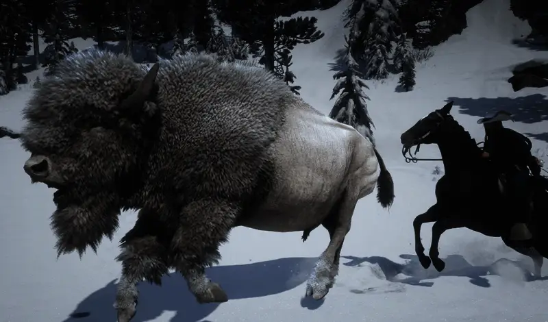 玩家骑马靠近巨大白色野牛，场景光线柔和，氛围宁静