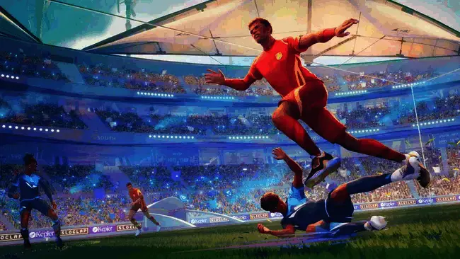 《开球！Rematch》游戏对战画面，球员动作细节丰富，场景光影效果逼真