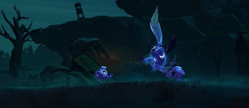 画面中呈现神秘的黑暗风格场景，恶魔系精灵漂浮于空中，周围弥漫着紫色雾气