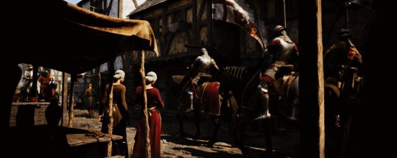 游戏场景展示中世纪战场，士兵持剑冲锋，城堡在远方燃烧