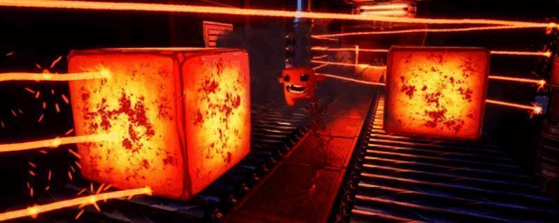 《超级食肉男孩3D》游戏场景截图，主角在立体平台上跳跃，画面色彩鲜艳，风格卡通可爱