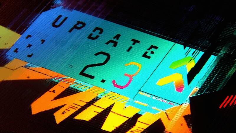 《赛博朋克2077》2.3版本宣传图，夜之城街头战斗场景，霓虹灯光闪烁，角色持枪警戒