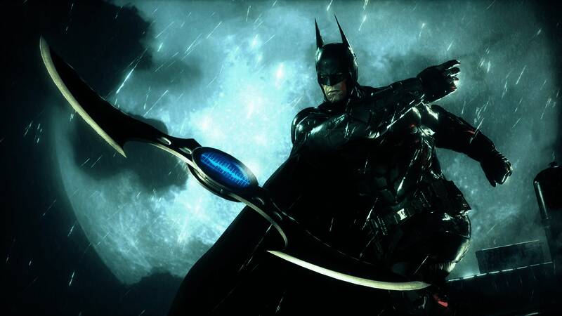 蝙蝠侠驾驶蝙蝠车在哥谭街头飞驰，周围是爆炸特效与敌人