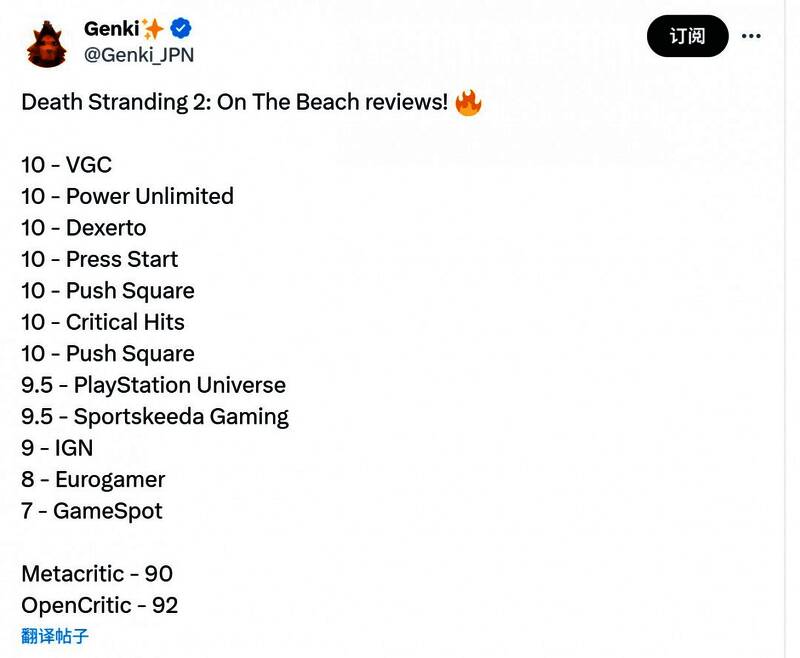 《死亡搁浅2》各媒体评分汇总图表