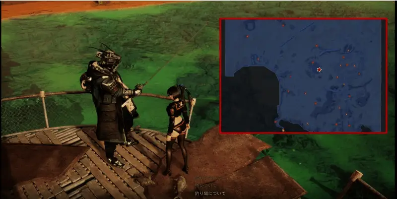 大沙漠钓鱼点实景图，烈日高悬，角色在湖泊边缘垂钓