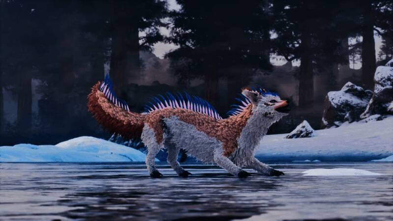 冰狐在雪地中奔跑，身上环绕光环特效，展现其增益能力