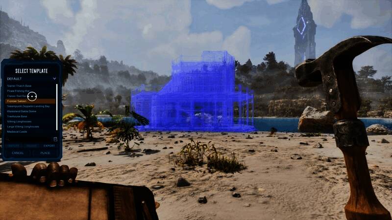 模板锤使用示意图，展示如何复制已有建筑结构进行快速部署