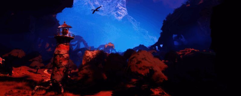 灯塔在神秘海域中静静矗立，周围环绕着奇异光影，海鸟盘旋其上