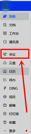 钉钉电脑版会议功能界面展示，左侧菜单栏显示会议选项已高亮