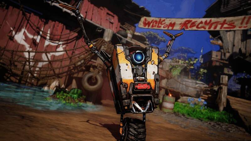 《无主之地4》最新截图，小吵闹现身，背景为荒凉却充满科技感的星球地貌