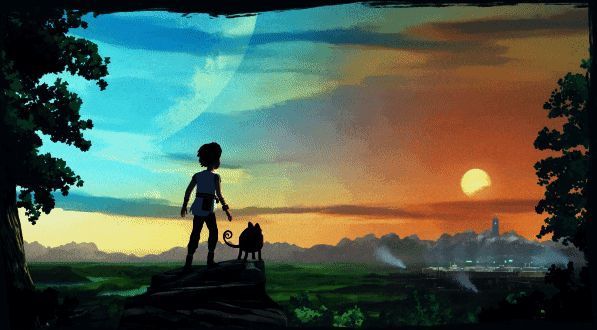 Lana和Mui在神秘森林中穿行，远处是漂浮的遗迹建筑