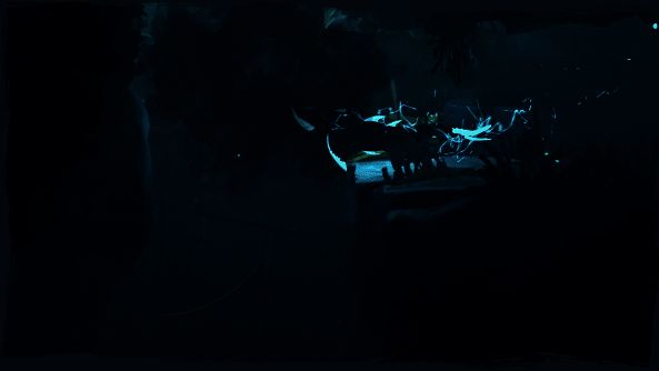 夜晚的雪地场景，远处有巨大的发光结构物