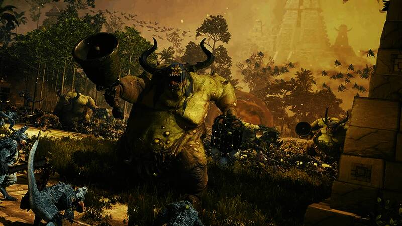 《全面战争：战锤3》游戏画面展示战斗场景，魔法特效绚丽，角色装备多样