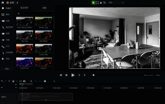 时间轴上显示已添加的滤镜效果，并可通过小箭头控制显示状态