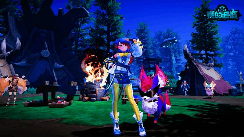 游戏中玩家在广阔地图上探索采集资源的场景，背景是绚丽的自然风光