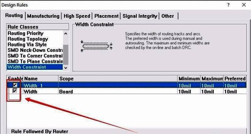 规则界面显示新增线宽规则详情，包括网络名称与对应线宽数值