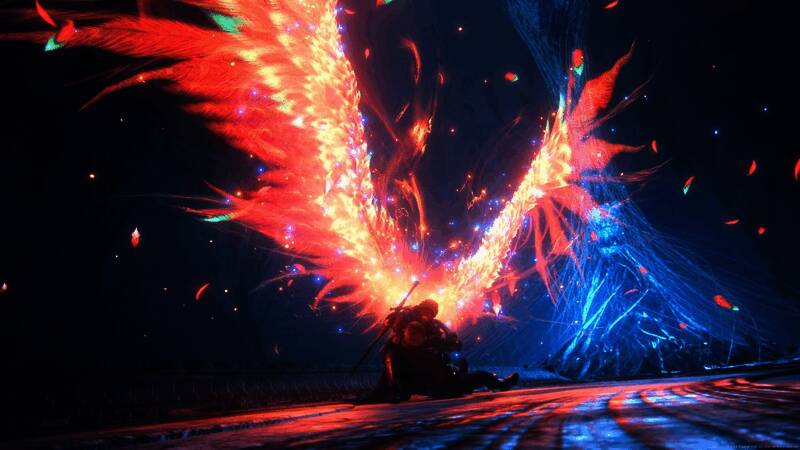 《最终幻想16》发售两周年纪念宣传图，展示主角与火焰之纹章的对峙场景