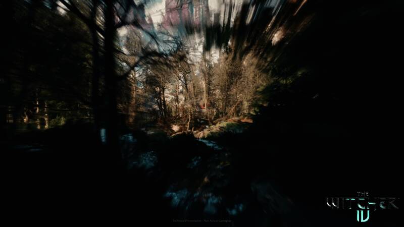 《巫师4》技术演示截图，展示虚幻5引擎下的森林场景细节