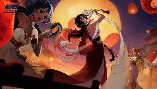 夕日红手持团扇，身着新年服饰，面带微笑致意