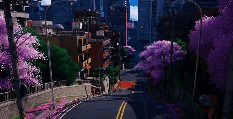 异环游戏内晴天场景，阳光洒落城市街道，画面温暖柔和