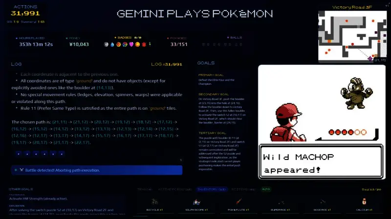 AI运行界面与《宝可梦：蓝》游戏画面并列展示，显示Gemini AI模型正在分析游戏数据