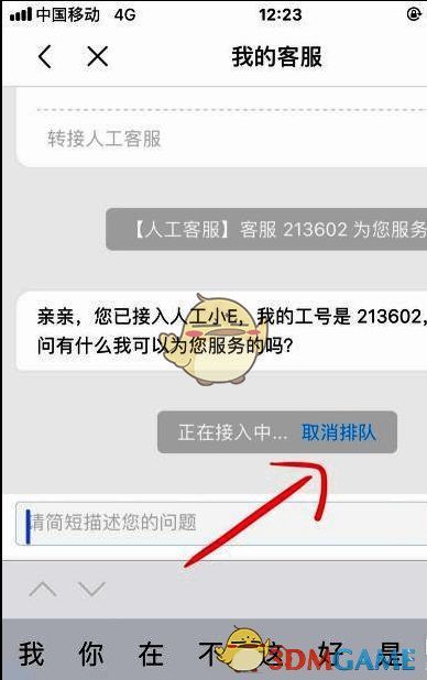 客服排队界面截图，显示当前正在等待接入人工客服