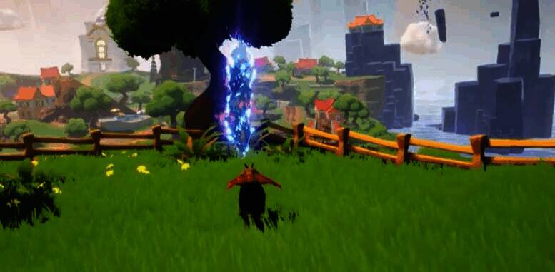 画面聚焦在树旁的一道裂缝上，裂缝边缘闪烁微光，似乎蕴藏着某种秘密