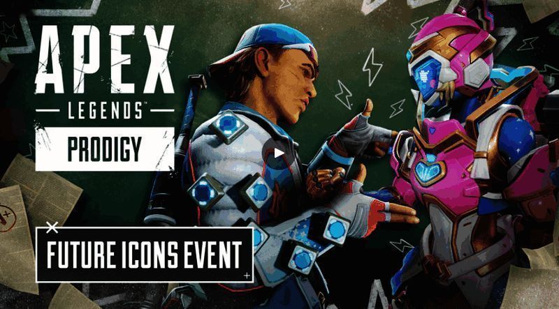 《Apex英雄》未来偶像活动宣传图，角色们身着炫酷未来风服饰，背景充满霓虹科技感