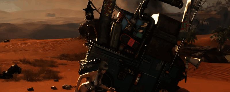 游戏内艾米尔商店外观，一辆装饰有霓虹灯的大型移动售卖车停靠在沙漠边缘