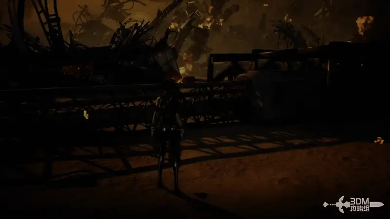 高塔倒塌瞬间，角色躲避后准备跳跃越过障碍