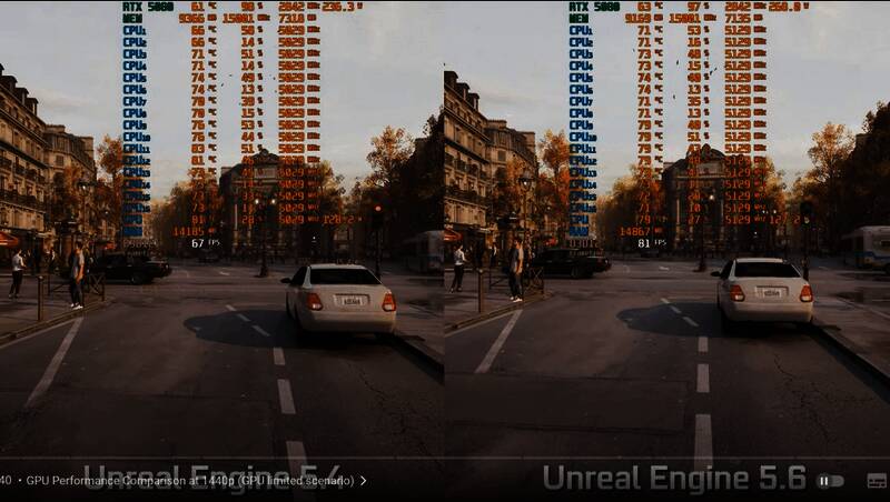 测试对比画面展示虚幻引擎5.6与5.4版本运行效果