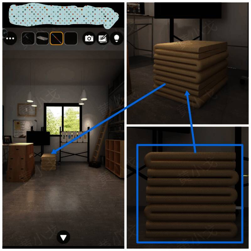 器材室垫子摆放方向示意图，显示右左左右左排列