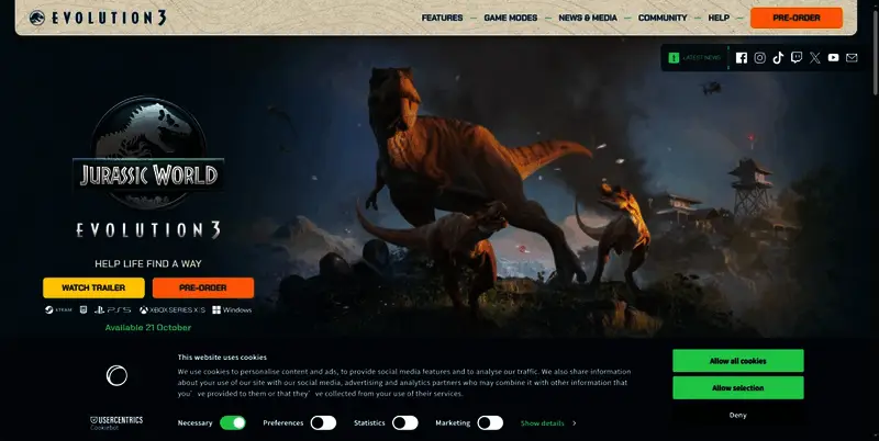 Steam页面截图展示《侏罗纪世界：进化3》的商店界面和预告片信息