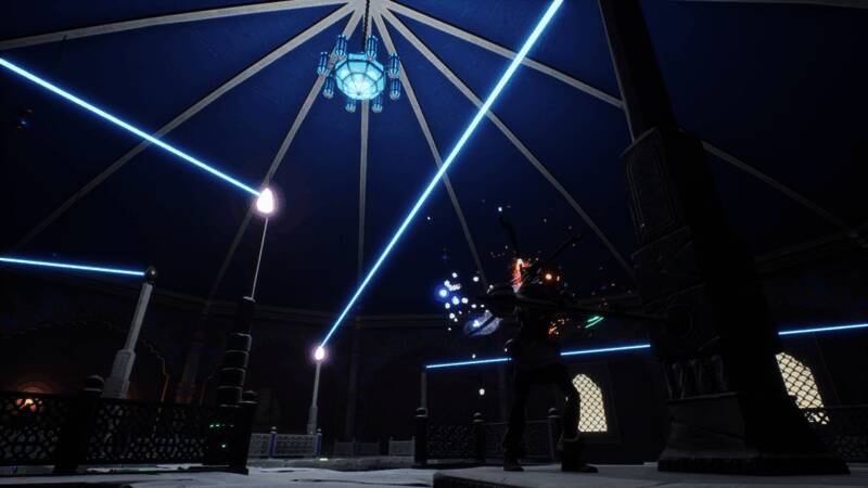 主角手持武器，在神秘场景中准备迎战敌人