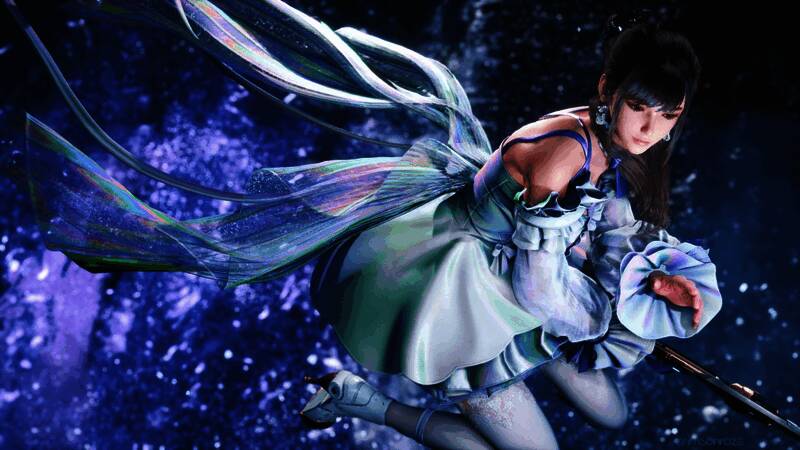 《剑星》角色在战斗场景中的特写，背景是未来都市风格