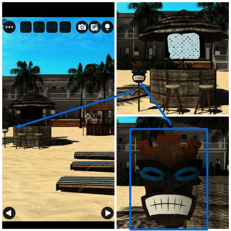 左侧亭子中的神秘面具特写，雕刻精细