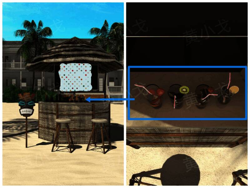 吧台上摆放着一杯色彩缤纷的饮料，水果清晰可见