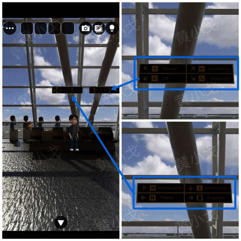 机场指示牌特写，显示多个方向标识