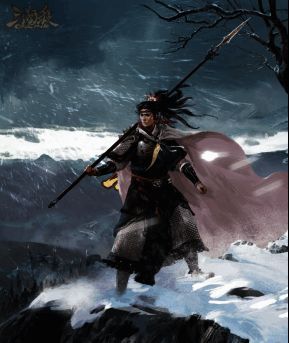 「谋」张绣手持长枪，威风凛凛立于战场中央，背景为硝烟弥漫的古代战场